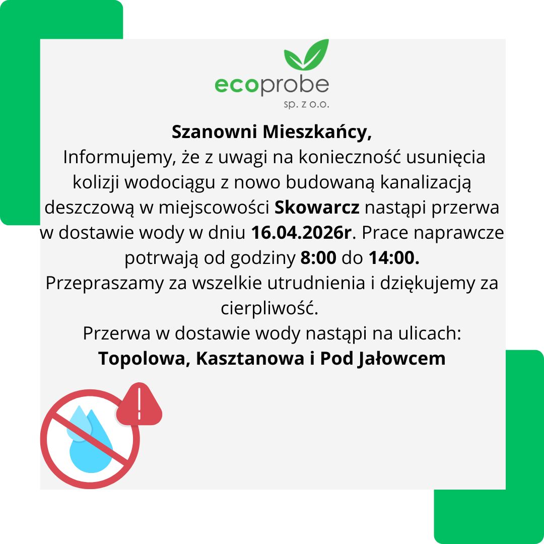 Planowane zamknięcie wody- Skowarcz 16.04.2026r.